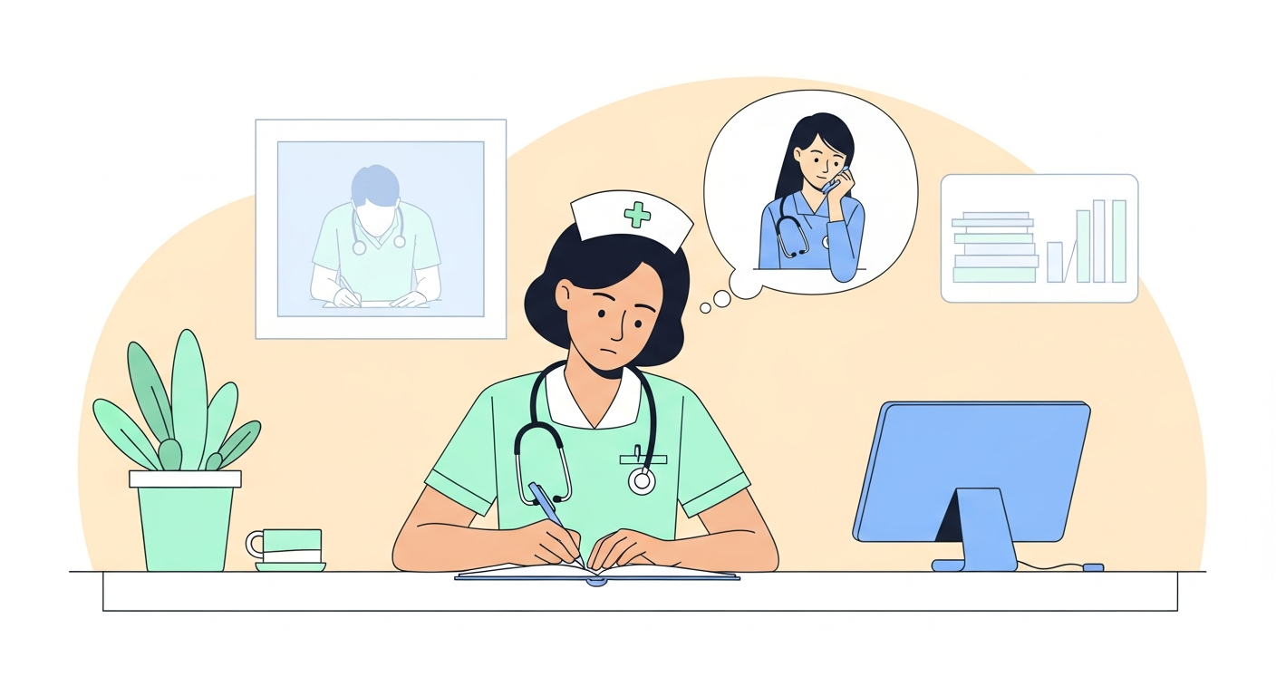 自己分析ワークをする看護師のイラスト