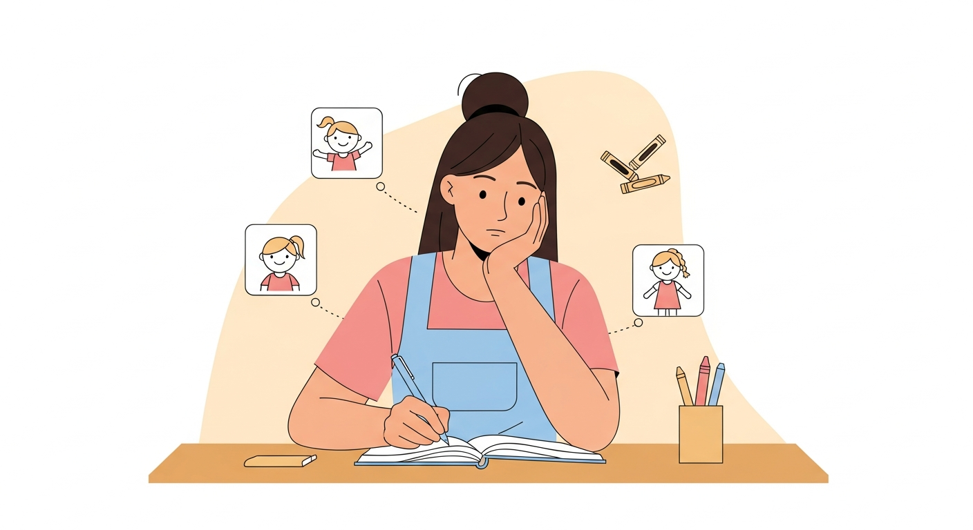 自己分析ワークをする保育士のイラスト