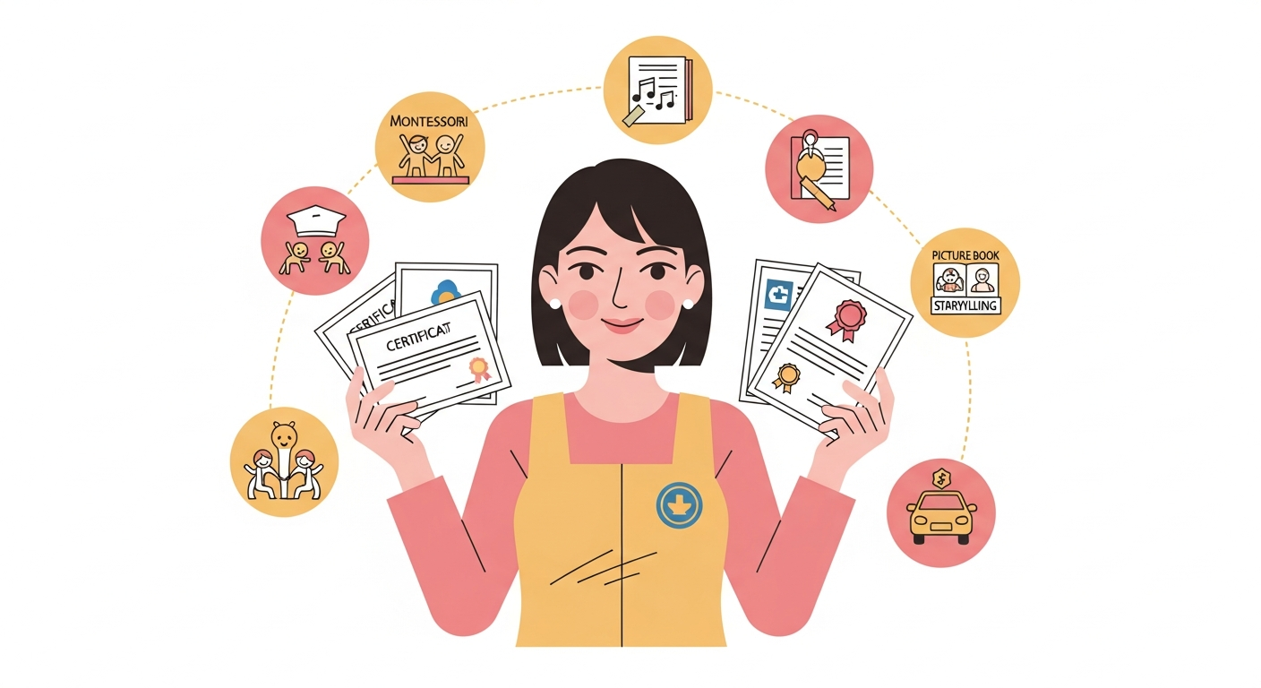 複数の資格を持つ保育士のイラスト